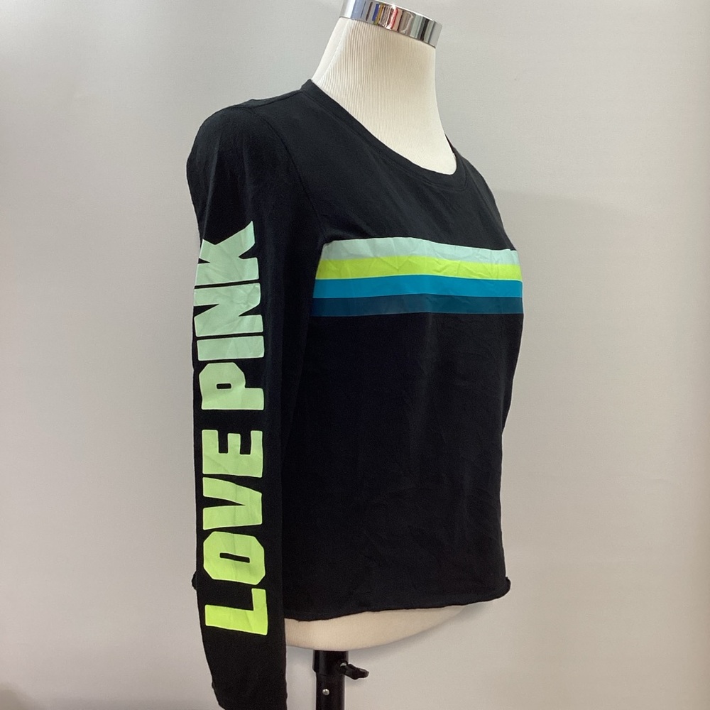 PINK Victoria's Secret Black Sweatshirt Crewneck with Colorful Stripes Size M